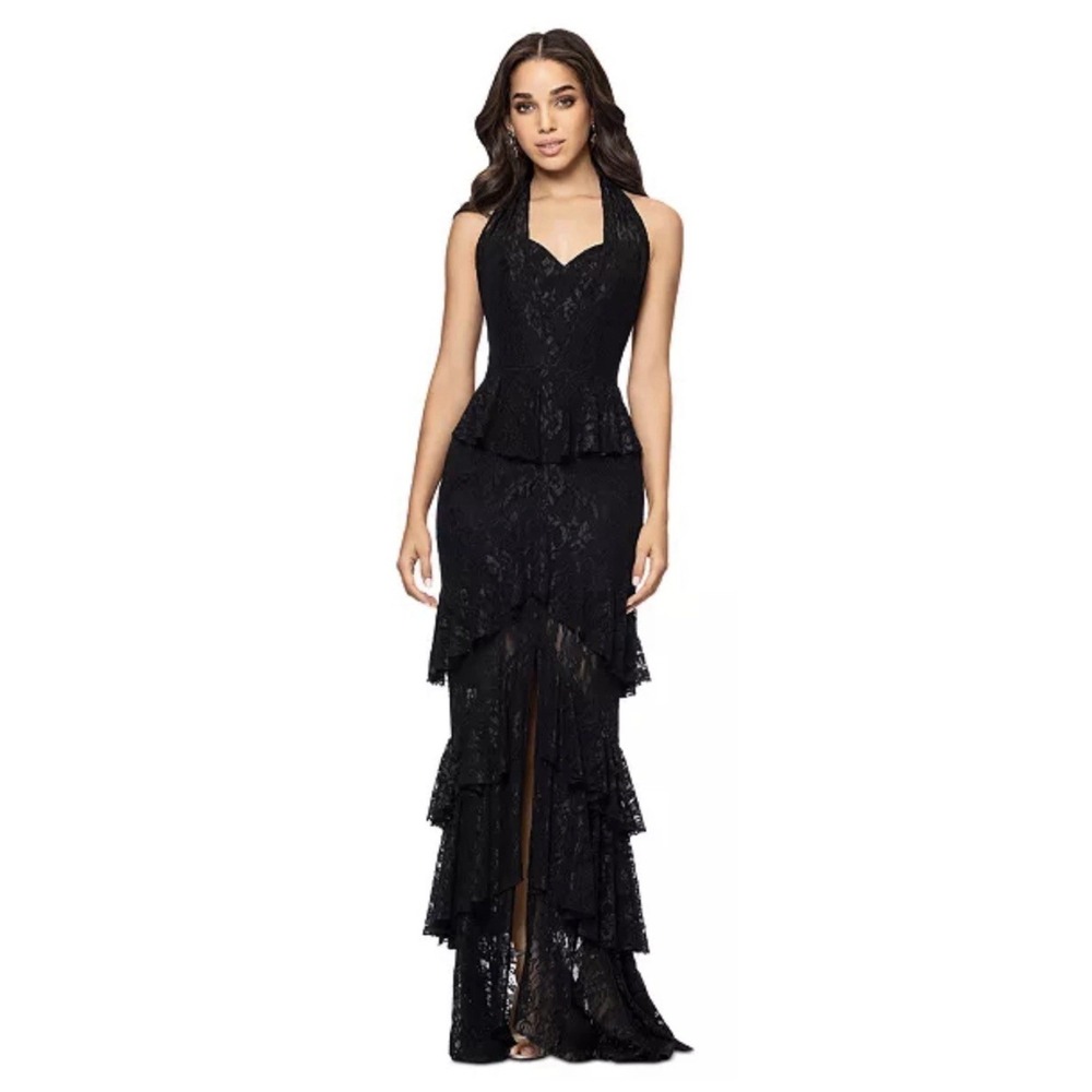 Betsy & Adam Womens Ruffle Tiered Lace Gown Size 2 Black Romantic Whimsy Goth